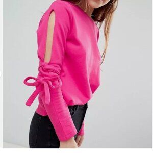 Jacqueline De Yong Sweater Women Size Large Pink Sleeve Cut Out Tie